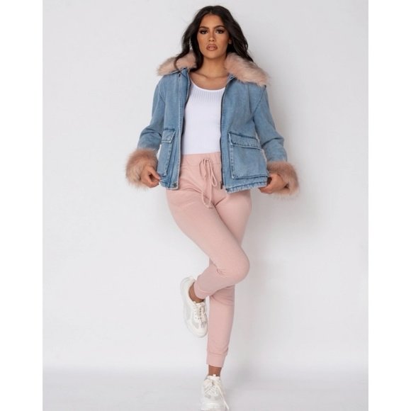 Long Sleeve Shearling Lined Faux Fur Collar and Cuff Denim Jeans Jacket - Picture 7 of 13